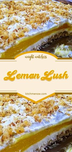 lemon lush cake with white frosting and crumbs on top