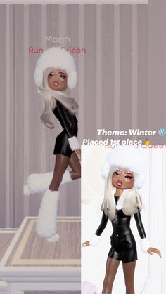 an animated image of a woman dressed in black and white clothing with fur on her head