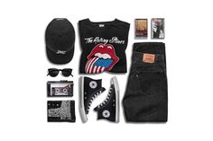 an assortment of clothing and accessories including shoes, hats, sunglasses, and t - shirt