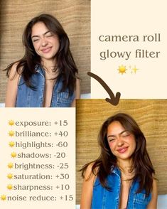 a woman with long hair and blue overalls is smiling at the camera, next to an advertisement that says camera roll glow filter