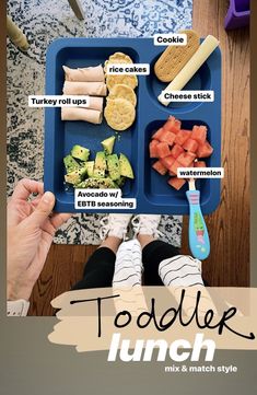 a child's lunch tray with food on it and the words toddler lunch