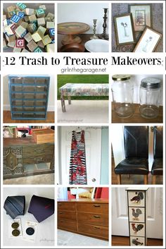 twelve trash to treasure makeovers with pictures, frames and other things on display in them