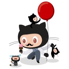 a person in a cat costume with cats on their backs and one holding a red balloon