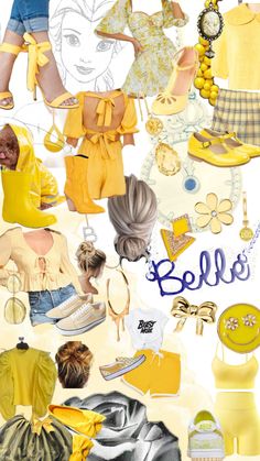 a collage of clothes and accessories with the word hello written on them