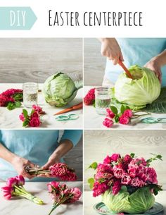 how to make an easter centerpiece with cabbage and pink carnations in it