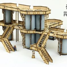 a set of stairs made out of wood and plastic barrels