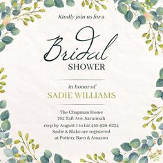 an elegant bridal shower with greenery on the front and bottom, is shown