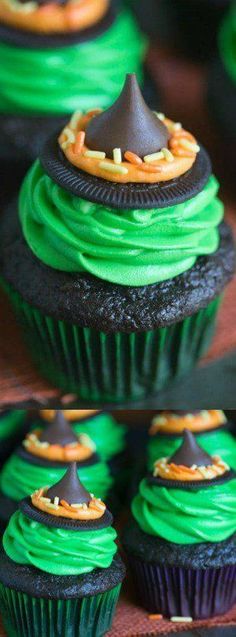 cupcakes decorated with green frosting and chocolate sprinkles on top