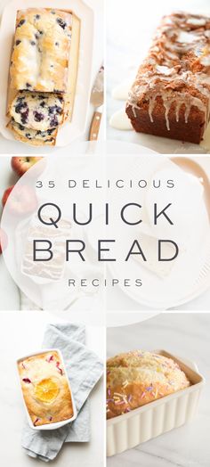 several pictures of different types of breads and pastries with text overlay that reads 39 delicious quick bread recipes