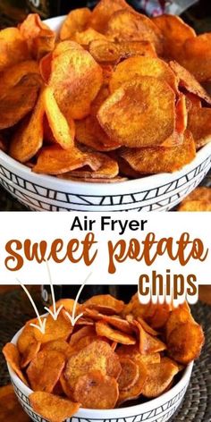 air fryer sweet potato chips in white bowls with text overlay that reads, air fryer sweet potato chips