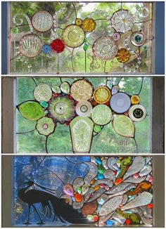 three different stained glass panels with flowers and birds on them, one in the center