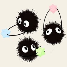 three black furry balls with eyes and bows
