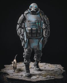 a man in a space suit standing on top of a rock next to a dog
