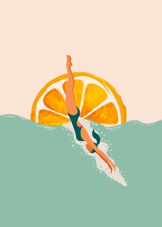 a woman riding a surfboard on top of a wave next to an orange slice