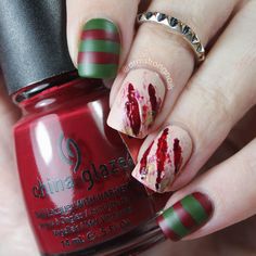 Freddy Krueger special effects nail art -- Halloween nail art-- by Instagram@armstrongnails Freddy Krueger