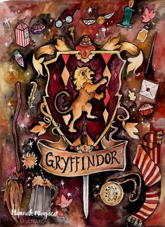 the gryffindor coat of arms is painted on a piece of paper with other items around it
