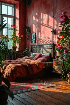 a bed sitting in a bedroom next to a window with potted plants on it