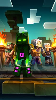 the minecraft characters are standing in front of a fire