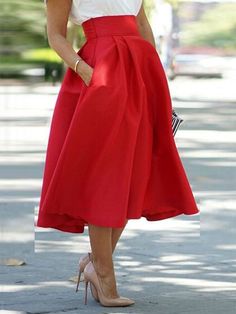 Red High Waist Pocket Skater Midi Skirt Tops, Polyvore, Dress Skirt, Skirts Midi High Waisted, Skirts With Pockets, Dress To Impress, Midi Skirt With Pockets, High Waisted Skirt