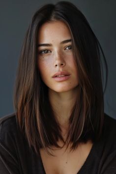 Portrait of a woman with shoulder-length brown hair and freckles, gazing slightly away from the camera with a neutral expression. Summer Hair Color For Brunettes, Brunette Color, Baylage Straight Hair, Subtle Balayage Brunette, Summer Brunette, Brunette Hair Colors