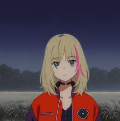 a girl with blonde hair and blue eyes stands in front of a field at night