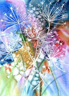an abstract painting of dandelions and other flowers