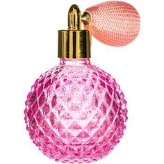 a pink glass bottle with a gold top