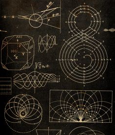 an old book with drawings and diagrams on the pages, including lines, circles, and shapes