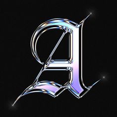 the letter d is made up of shiny chrome letters and sparkles on a black background