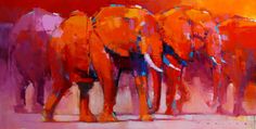 an oil painting of elephants walking together in the wild with oranges and pinks