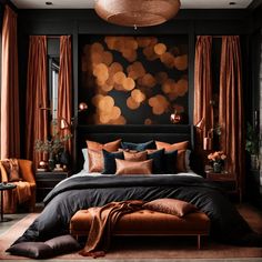 a bedroom with black walls, orange curtains and a large painting on the wall above the bed