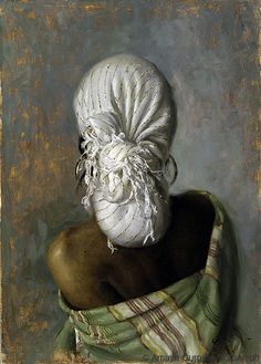 a painting of a person wrapped in a blanket and wearing a white headdress