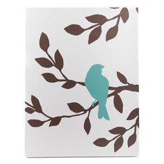 a blue bird sitting on top of a tree branch with leaves painted on it's sides