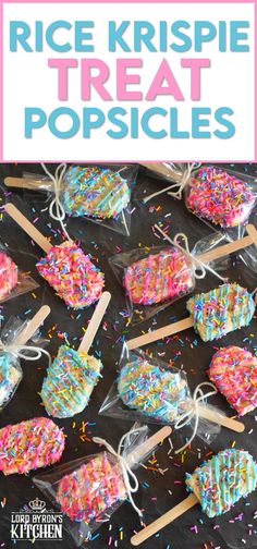 rice krispie treat popsicles with sprinkles and rainbow colored frosting
