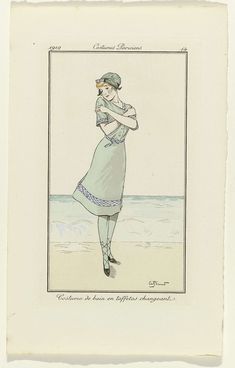 a drawing of a woman standing on the beach with her arms crossed, wearing a green dress and hat