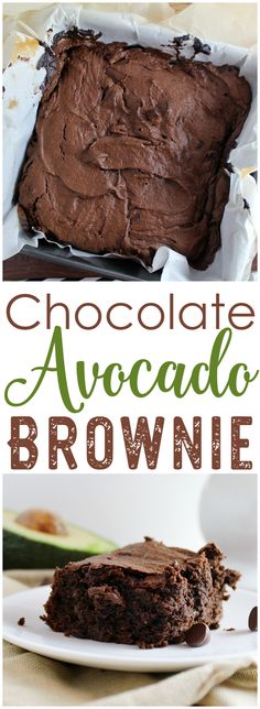chocolate avocado brownie on a white plate with the words, chocolate avocado brownie