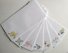 These DL size envelopes are printed with floral designs - choose an individual design in a pack of 10 or a set of 14 envelopes, 2 of each floral design. The FSC smooth white envelopes are 120gsm and are printed using pigment inks that won't fade or smudge. DL size is 11 x 21 cm and complement A4 writing papers such as my floral border designs. Please choose your design and pack style at the checkout.