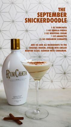 an advertisement for rumchata with cinnamon in the foreground and a bottle of vodka behind it