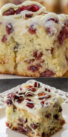 two pictures side by side of a cake with cranberries and white frosting