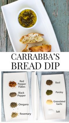 the ingredients for this bread dip are displayed on plates