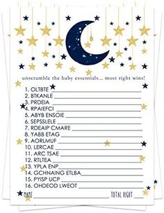 a baby shower game with stars and moon on it