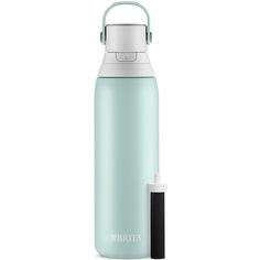 thermos bottle with handle is shown in light blue