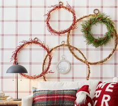 Handcrafted Rattan Wreaths with Twinkle Lights - Set of 3 | Pottery Barn Decorating With Christmas Lights, Outdoor Christmas Decorations Lights, Christmas Lights, Outdoor Christmas Decorations, Outdoor Christmas, Holiday Pillows