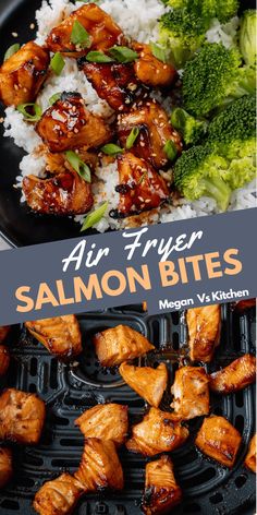 air fryer salmon bites with rice and broccoli