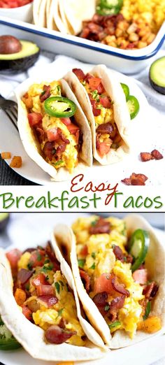 breakfast tacos with eggs, bacon and avocado on them are ready to be eaten