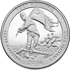 2016 - 5 oz. Silver, Fort Moultrie at Fort Sumter National Monument, South Carolina - America the Beautiful Bullion Coin - reverse side  |    Description - depicts Sergeant William Jasper returning the regimental flag to the ramparts while under attack from a British ship. Fort Sumter, Moultrie, Fort, South Carolina