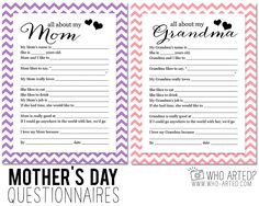 mother's day question cards with hearts and chevrons in pink, purple and white