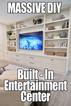 a living room with built in entertainment center