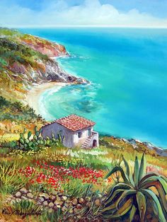 Francesco Mangialardi Simples Peintures Sur Toile, Scenery Paintings, Cottage Art, Puzzle Art, Sea Art, Seascape Paintings, Nature Paintings, Beach Art, Watercolor Landscape