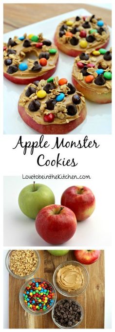 an apple monster cookies recipe is shown in three different pictures